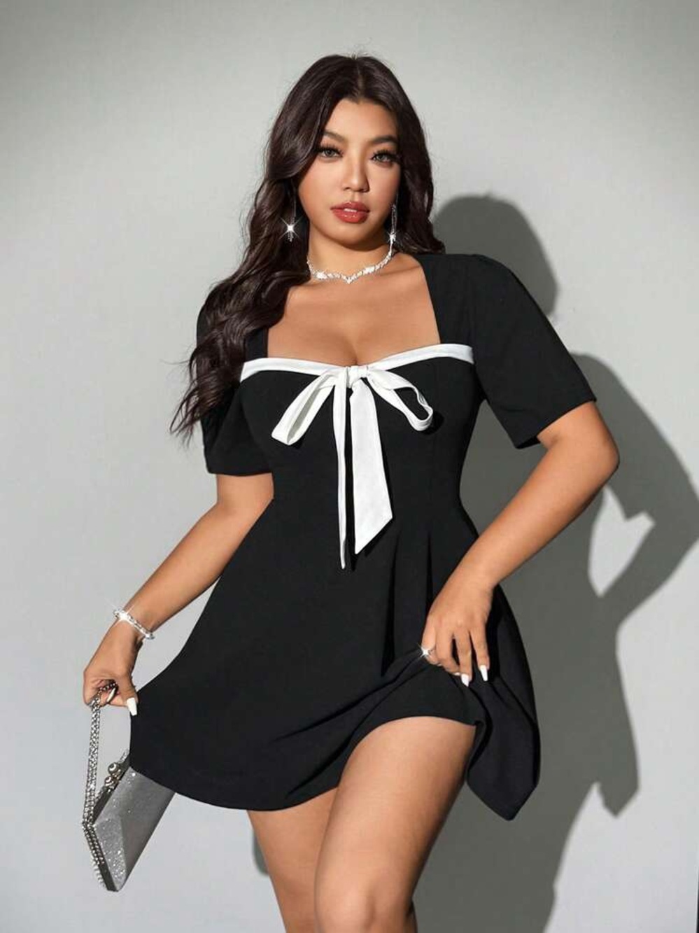 Black Mini Dress with White Tie Accent